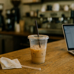 Iced Coffee on Café Counter Beside Laptop