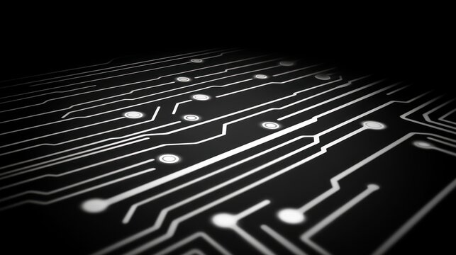 Abstract circuit board, black and white, intricate lines, illuminated, detailed