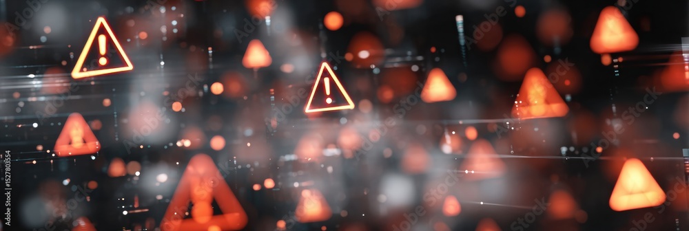 Poster Floating Alert Icons Signify Potential Risks in a Vibrant Abstract Digital World of Interconnected Data Streams
