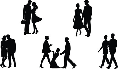 Obraz premium Silhouette of romantic couples walking, dancing, hugging, proposing, interacting, love moments, formal outfits on white background vector illustrationflat vector illustration