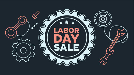Labor day sale in bold coral and light blue, featuring gears and tools on a dark background