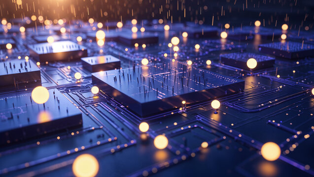 Futuristic abstract depiction of computer circuit board with digital data and processing symbols
