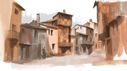 Fototapeta premium A serene depiction of a quaint European village street evoking a sense of timeless charm and quiet history with soft
