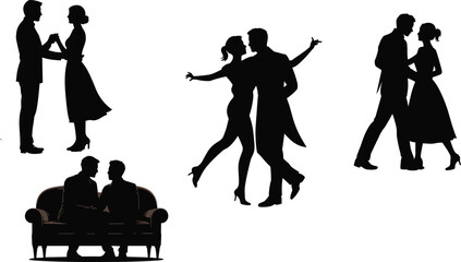 Romantic Silhouettes: Dancing Couples, Intimate Moments, and Elegant Poses in Black and White Art flat vector illustration