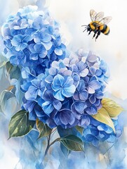 hydrangea in blue tones, a bumblebee flying. Flower Watercolor Hand Drawn Design Modem Fashion Colors Elegant Look Perfect for Allover Print Background