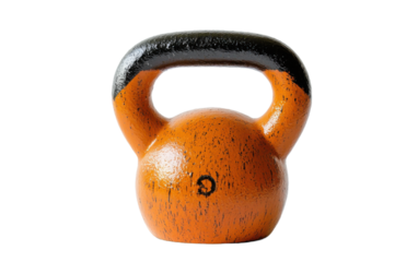 Large orange kettlebell sits on a white background