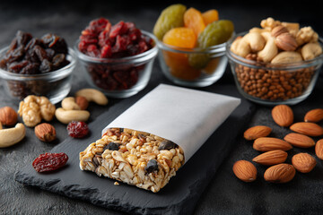 Fototapeta premium Granola Bar with Nuts and Dried Fruit: A delicious and healthy granola bar sits on a dark surface, surrounded by bowls of nuts, dried cranberries, and apricots.