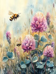 Watercolor illustration, clover in dewdrops in a meadow, a bumblebee flying