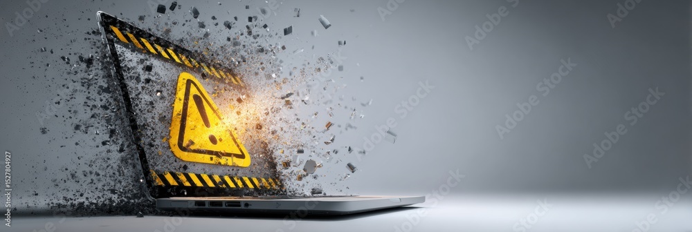 Poster 3d warning popup bursting from fake antivirus software on a laptop with an open side