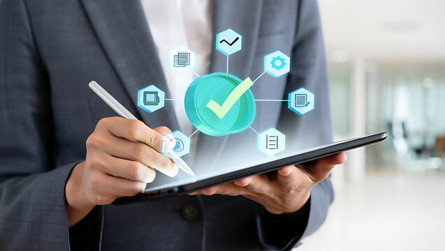 Business professional using tablet for project management and approval process digitally