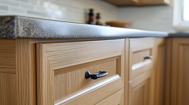 A kitchen counter with a wooden top and a black handle on the drawers
