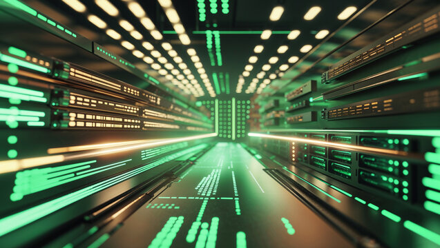 Futuristic server room visualization featuring data center infrastructure and data processing flow