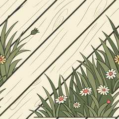 Daisies and grass flourish against a diagonallylaid wooden plank backdrop