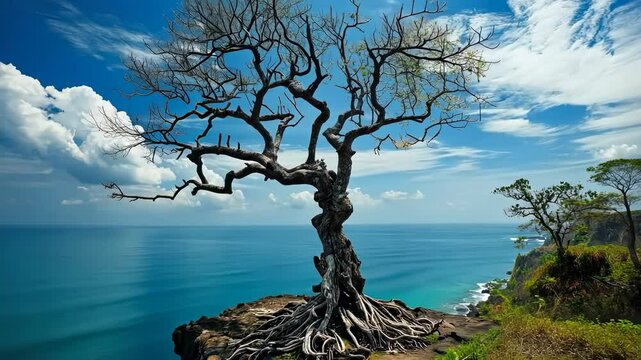 Dramatic coastal view with a lone, gnarled tree on a cliff overlooking the ocean