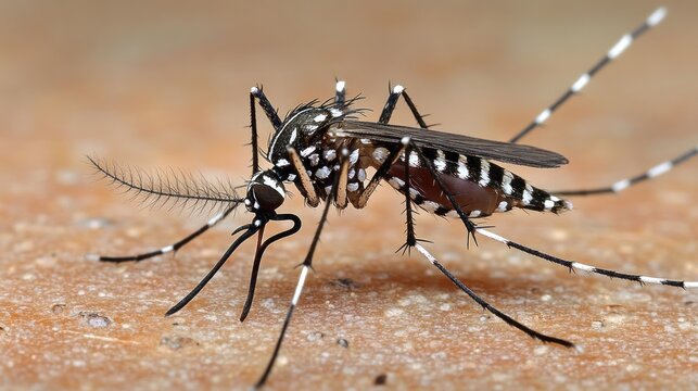 Close-up of a mosquito, black and white patterned body, feeding