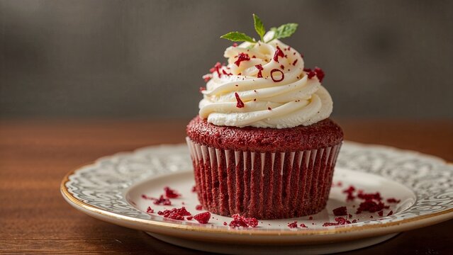 Close-up of a red velvet cupcake with white frosting.