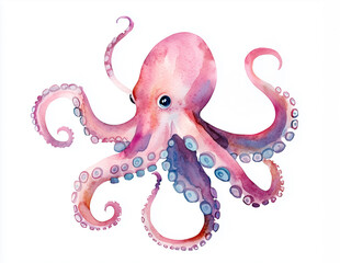 Watercolor ai-generared illustration of a Pink Octopus. Isolated on a white background