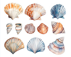 Watercolor ai-generared illustration of a Seashell Collection. Isolated on a white background