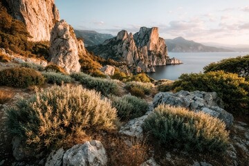 Majestic limestone cliffs bathed in golden light over a tranquil Mediterranean sea
