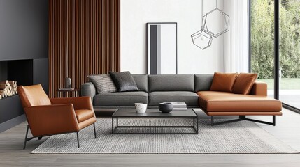 Elegant room with graphite L shaped sofa, caramel leather accent chair, cube coffee table, structured floor rug, hidden wall lighting, compact powerful
