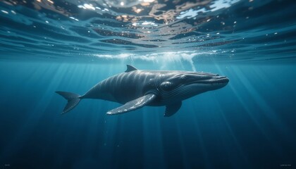 Fototapeta premium Majestic Humpback Whale Gracefully Swimming Underwater Sunbeams Illuminate Ocean Depths