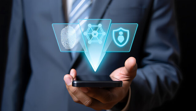 Businessman holds smartphone displaying holographic security icons representing digital protection
