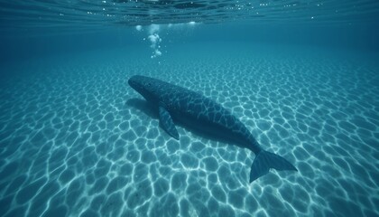 Naklejka premium Majestic Gray Whale Underwater Calm Ocean Sunlight Patterns Aquatic Wildlife
