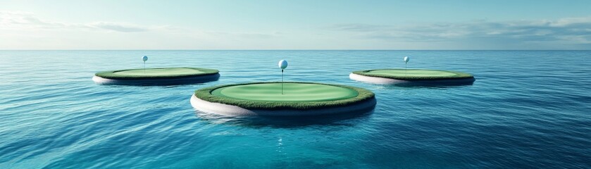Floating Green Islands Minimalist Sea Golf Concept , Golf , Ocean