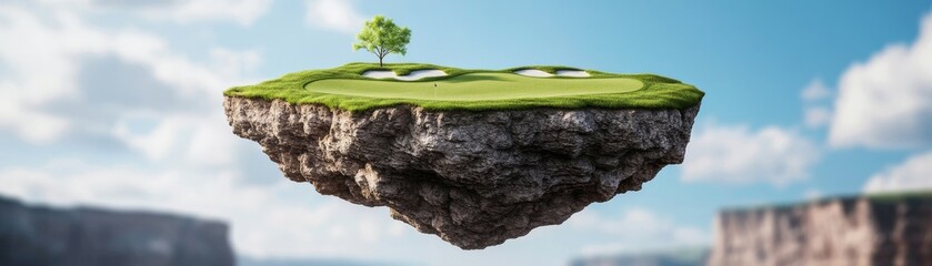 Floating Golf Island Fantasy Landscape with Green Course and Tree, Golf , Fantasy