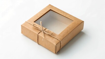 Square kraft gift box with transparent window tied with string  