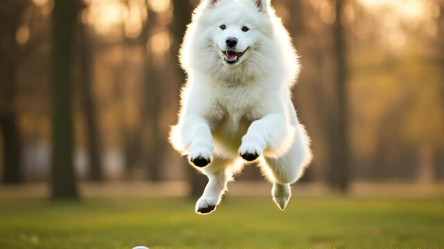Happy Samoyed dog jumping in green park during autumn sunset  