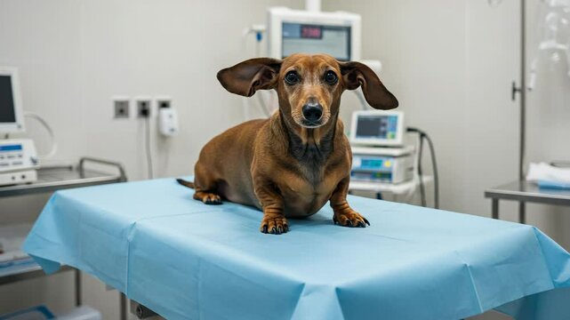Dachshund dog sitting on examination table in veterinary clinic  