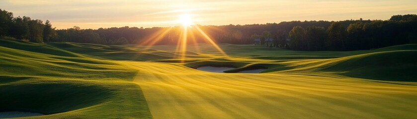 Golden Sunrise Over Golf Course Green, sunlight ,landscape