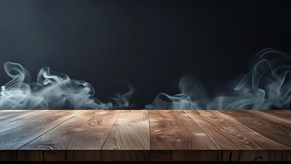 Wooden Table with Wisps of Smoke on Dark Background