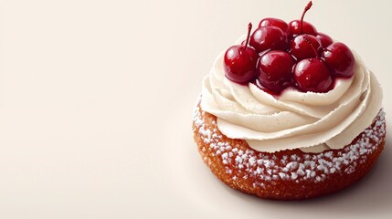 A single pastry topped with whipped cream and ripe cherries, close-up view