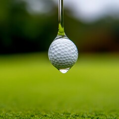 Golf Ball Suspended by Water Droplet on Green, Precision , Sport