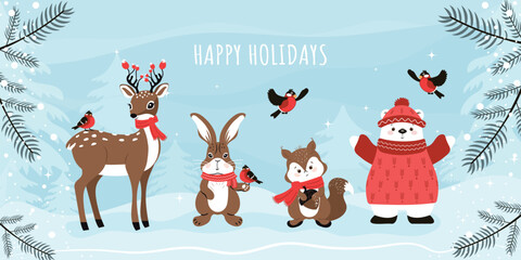 Winter, festive background with hand-drawn forest animals. Deer, rabbit, squirrel, birds, polar bear in a magical forest. Vector design for postcards, banners, posters, covers and more.