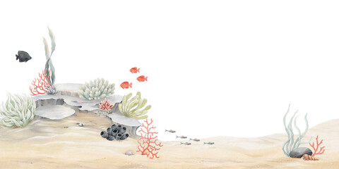 Seabed with coral reef, plants, sponge, red corals and small fishes. Watercolor panoramic illustration with underwater landscape for your design wallpapers, invitation cards or nature background.