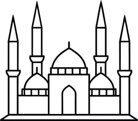 Turkish Mosque with Pencil Thin Minarets vector line art illustration