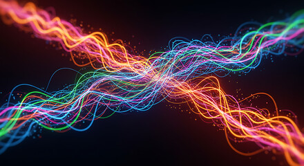 Intertwined streams of glowing, multi-colored light particles crossing on a dark background. A concept of connection, data transfer, and energy.
