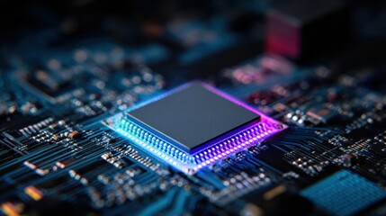 High Tech Close up of a Modern Microchip on Circuit Board Glowing with Neon Lights