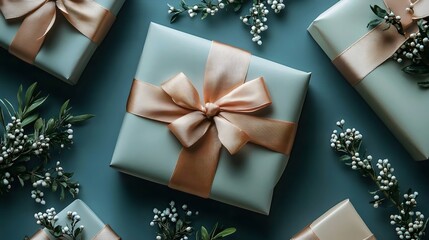 Elegant gift boxes with gold ribbons and white floral accents on a teal background.