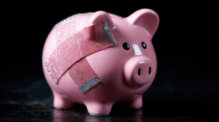 Pink Piggy Bank with Decorative Adhesive Bandage Financial Crisis Concept Image