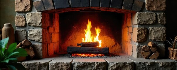 A mesmerizing fireplace with flickering flames, casting a warm and inviting glow on the surrounding stone Perfect for adding a touch of rustic charm to your home decor projects , heat, stone, element