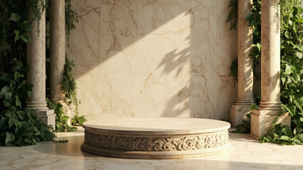 Elegant stone pedestal with ornate detailing and lush greenery