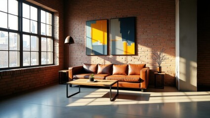 Sala de estar de un apartamento estilo industrial con paredes de ladrillo visto resistente que contrastan con un elegante piso de concreto