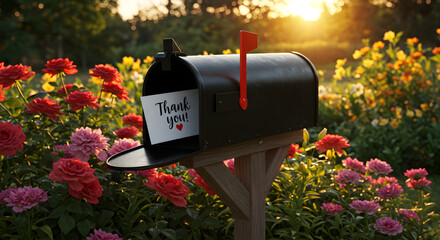 Sunset Gratitude: A Thank You Note in a Mailbox Amidst Blooming Roses