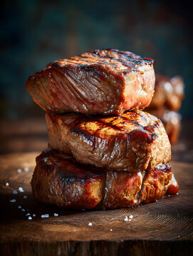 Grilled Angus beef steaks stacked slightly on top of each other.