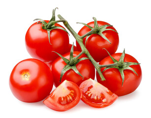 Cherry tomatoes on a branch and slices on a white background. Isolated