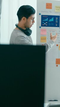 Vertical Screen : Group adult Asia male female software developers mentor leader manager talk strategy plan executive write prompt AI bot app nomad, video game, data center. Whiteboard slideshow code.